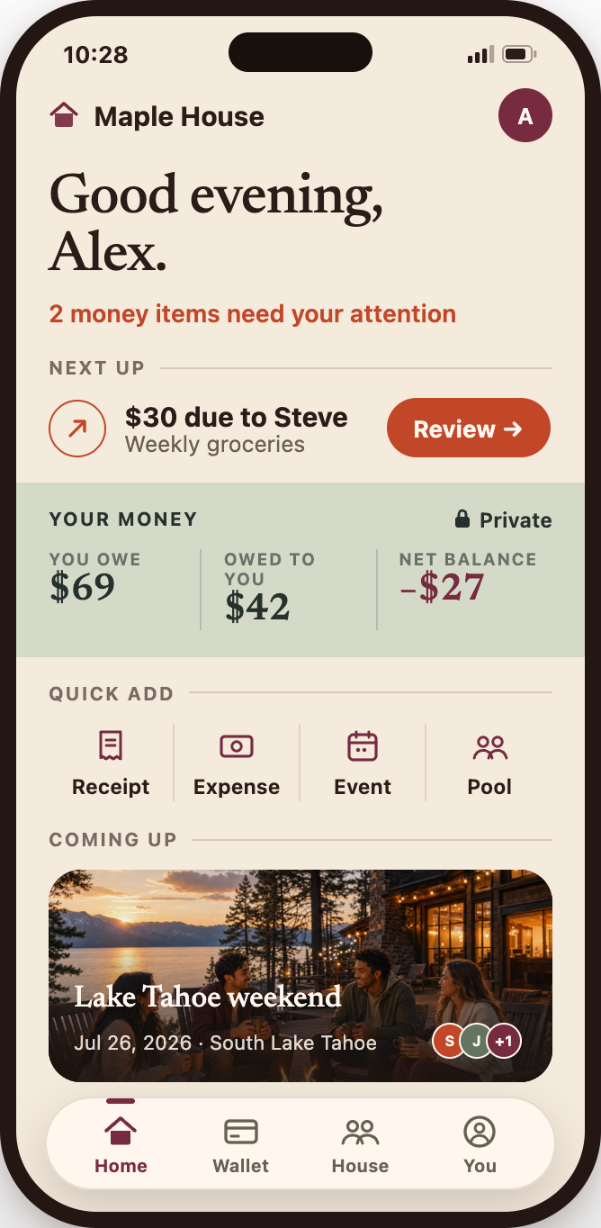 Roofmates Home showing shared household context and the Home, Wallet, House, and You destinations